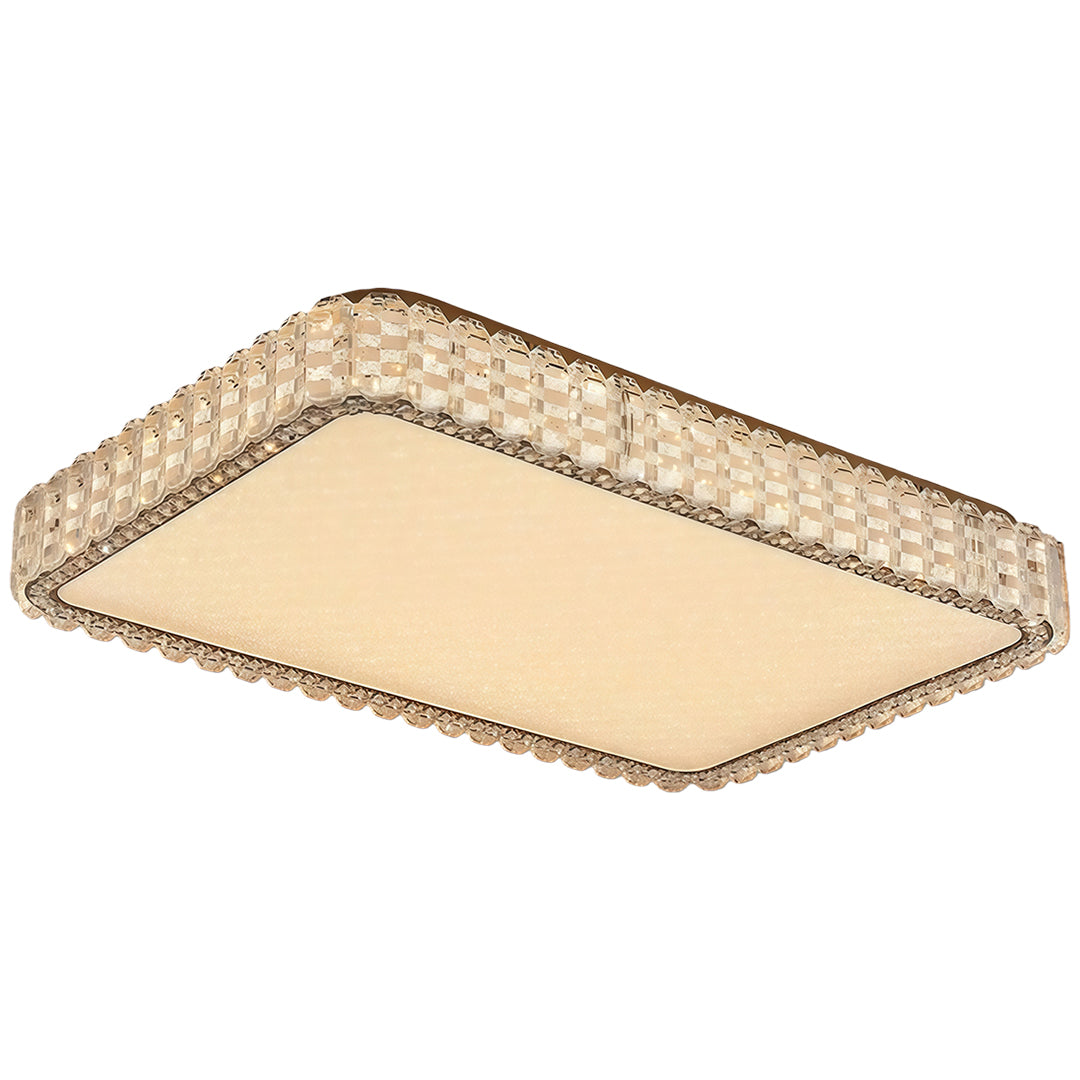 LED flush mount ceiling light fixture with golden edge providing ambient lighting in a bedroom.