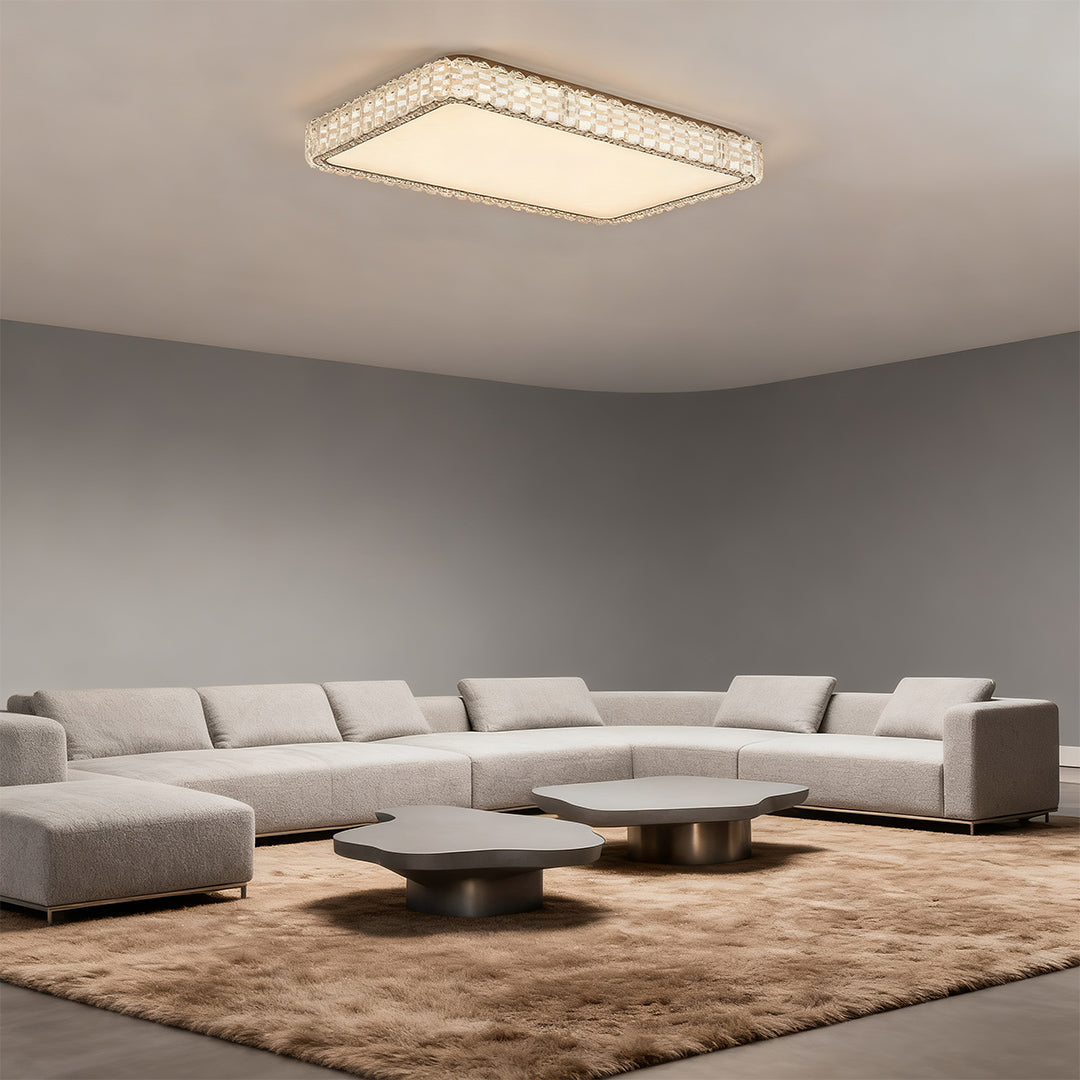 Close-up of crystal detailing on a luxury LED flush mount ceiling light fixture.