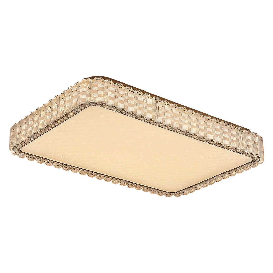 Layered square LED flush mount ceiling light fixture with crystal border and smooth illumination.