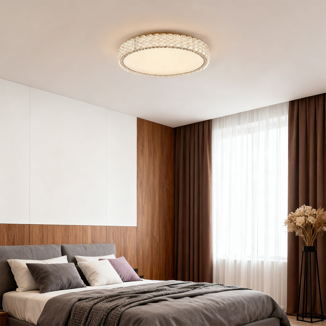 Square LED flush mount ceiling light fixture installed in a modern living room interior.