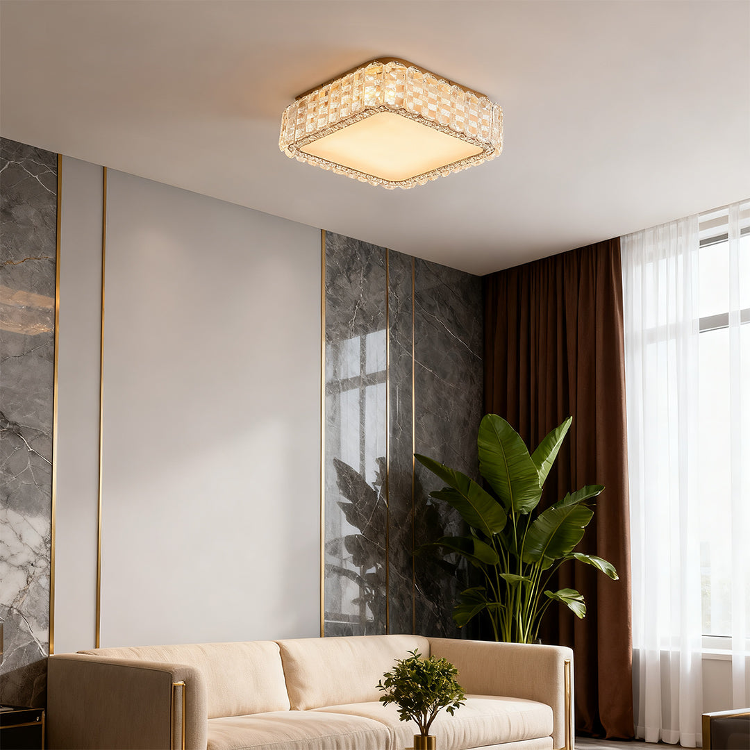 LED flush mount ceiling light fixture illuminating a cozy living room with soft glow.
