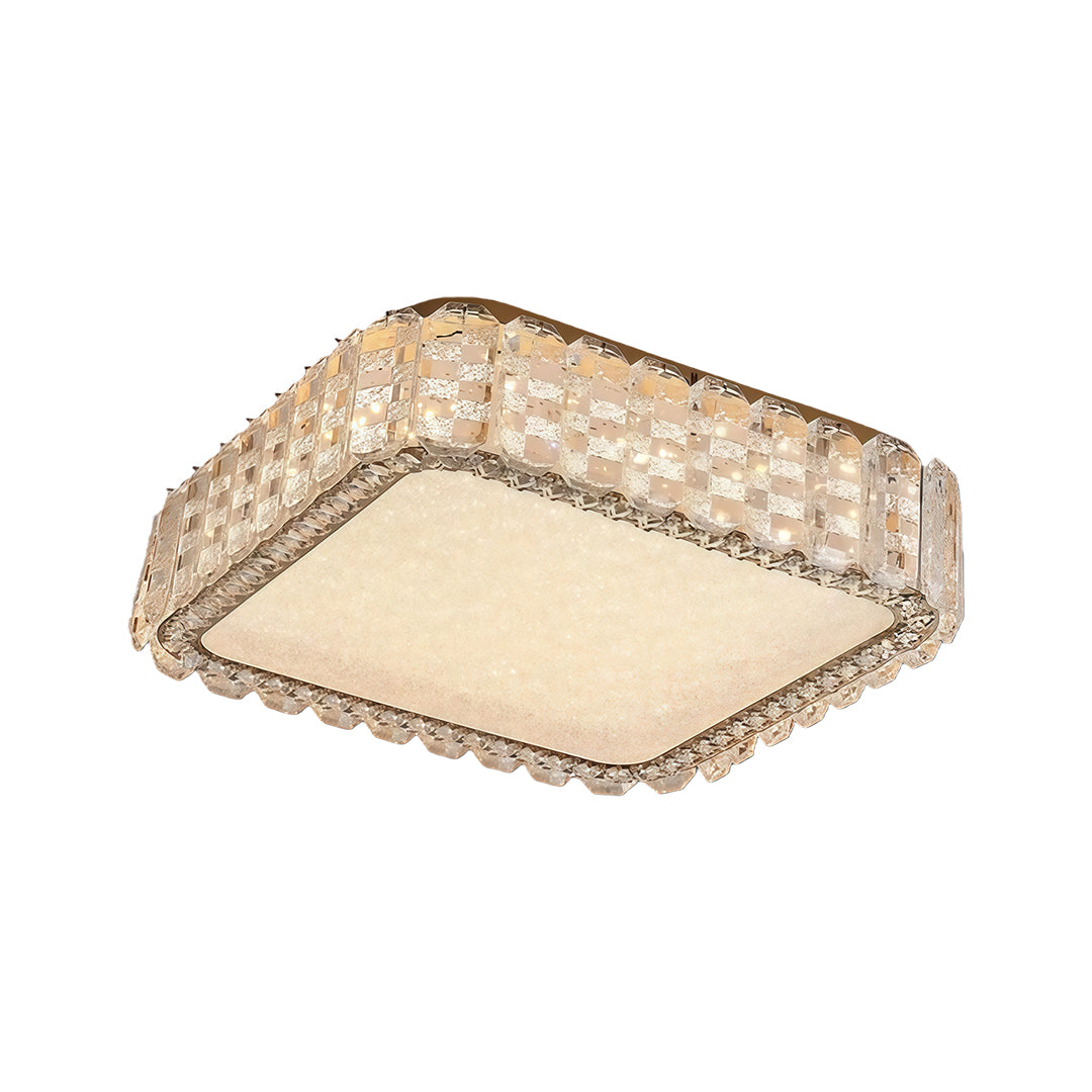 Rectangular LED flush mount ceiling light fixture with crystal design and gold frame.