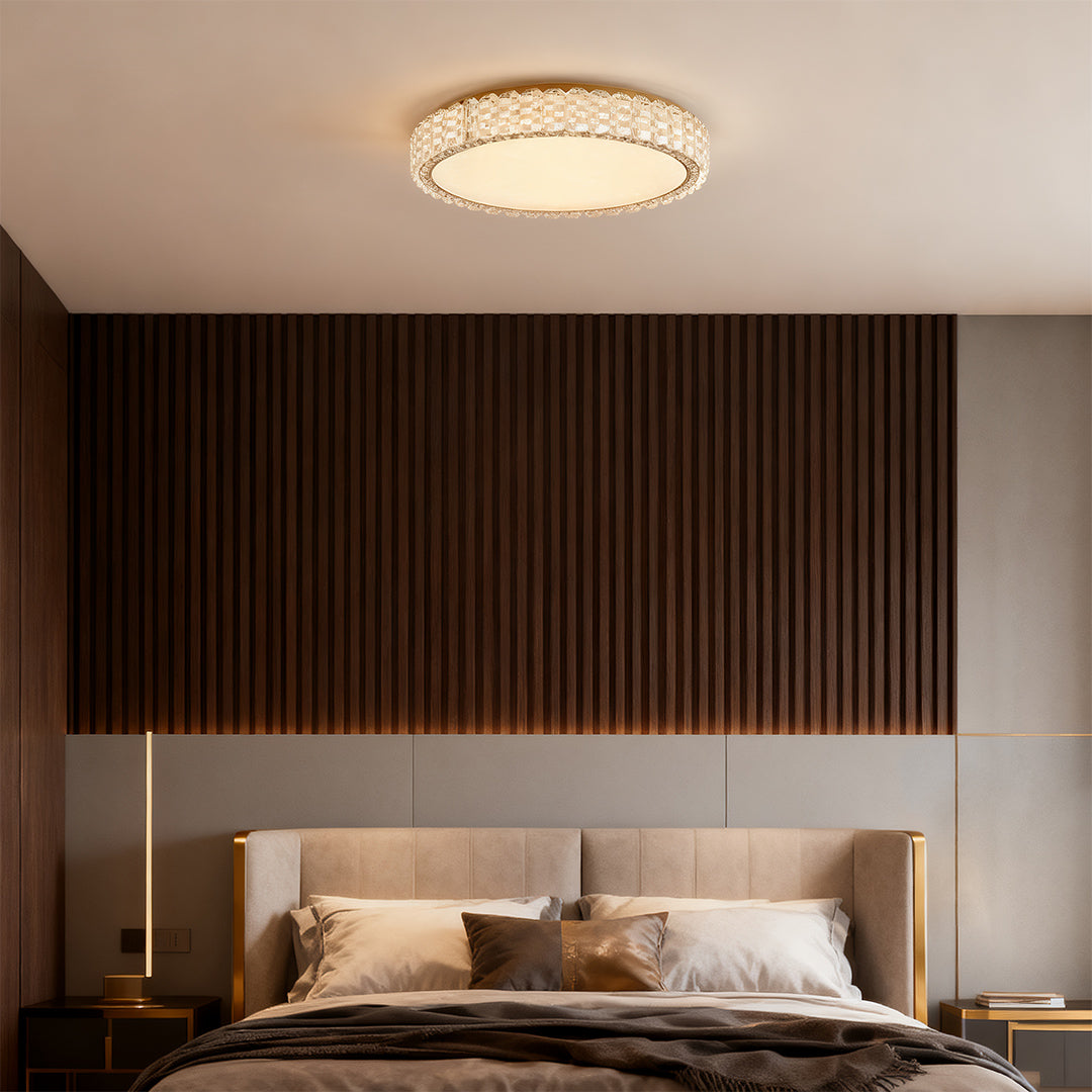 Rectangular LED flush mount ceiling light fixture above modern minimalist living area.