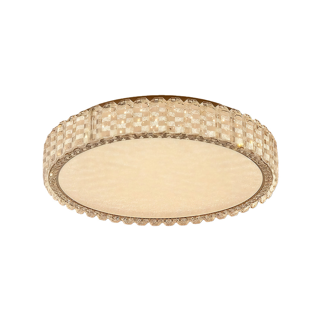 Elegant circular LED flush mount ceiling light fixture with crystal edge and warm light.