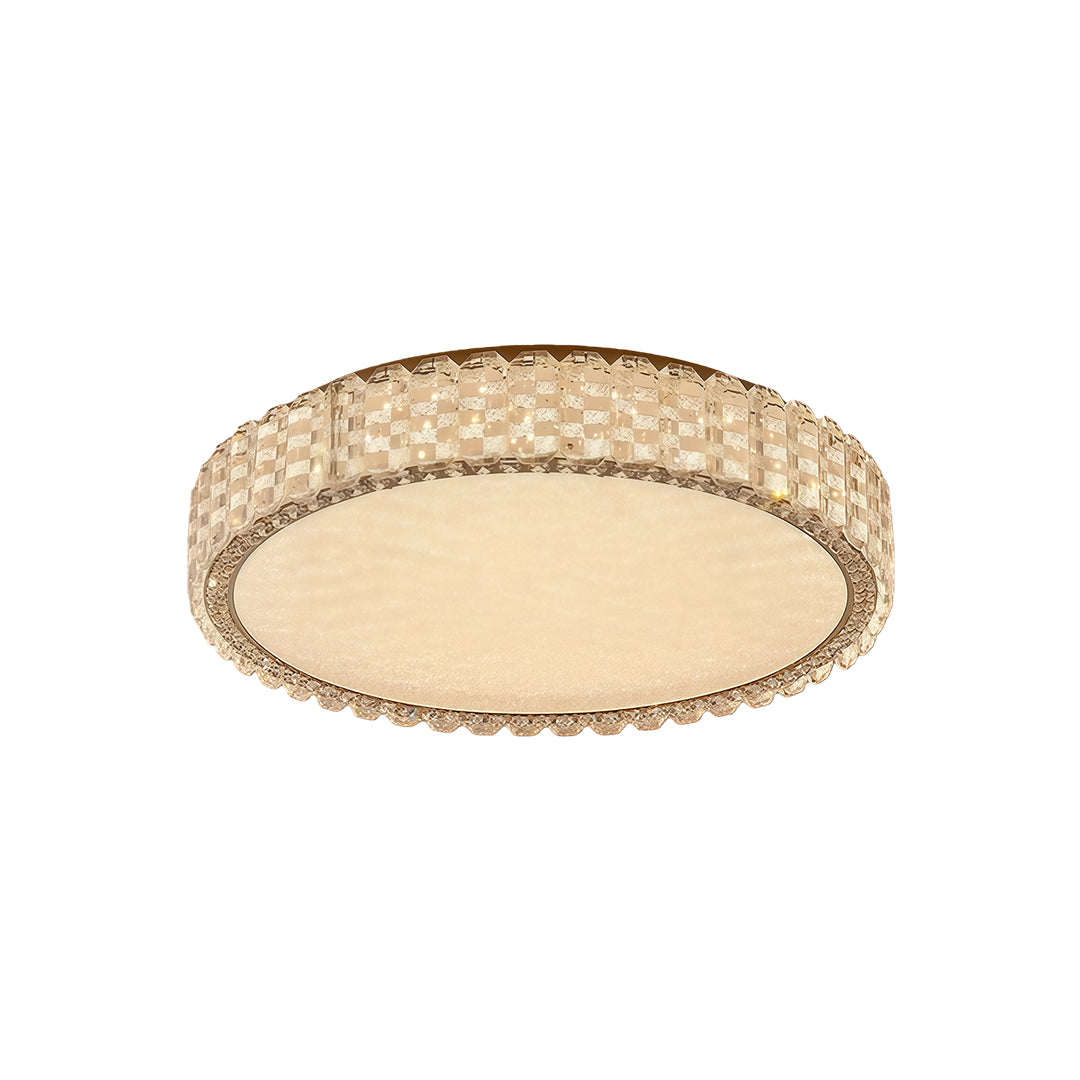 Round LED flush mount ceiling light fixtures with crystal trim and soft golden glow.
