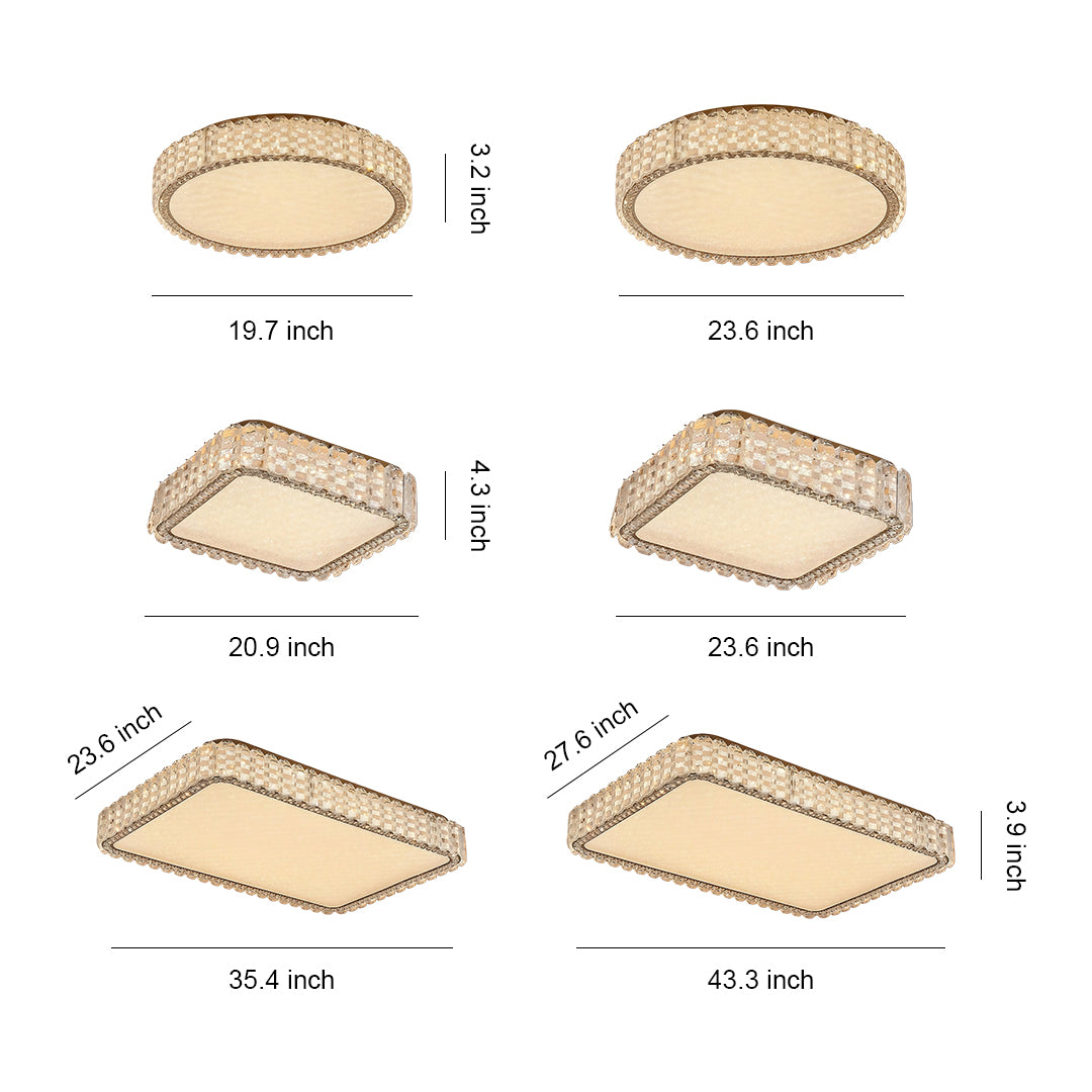 Set of modern LED flush mount ceiling light fixtures in round and square shapes with detailed size chart.