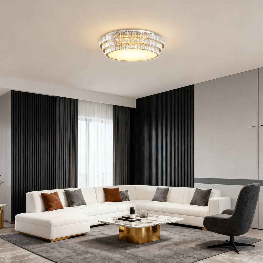 Round LED flush mount lighting illuminating a modern living room.