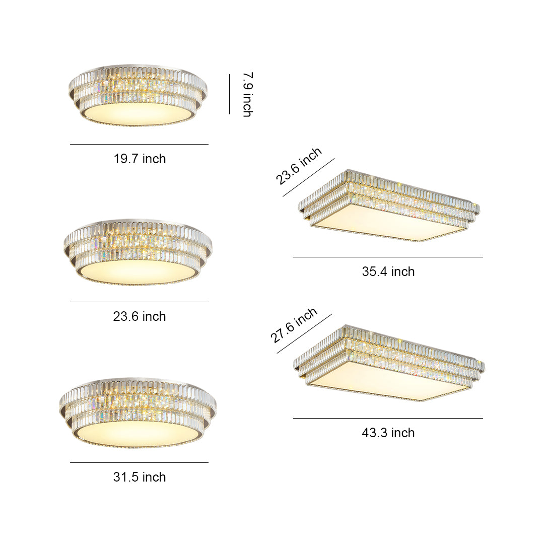 Size chart showing round and square LED flush mount lighting dimensions.