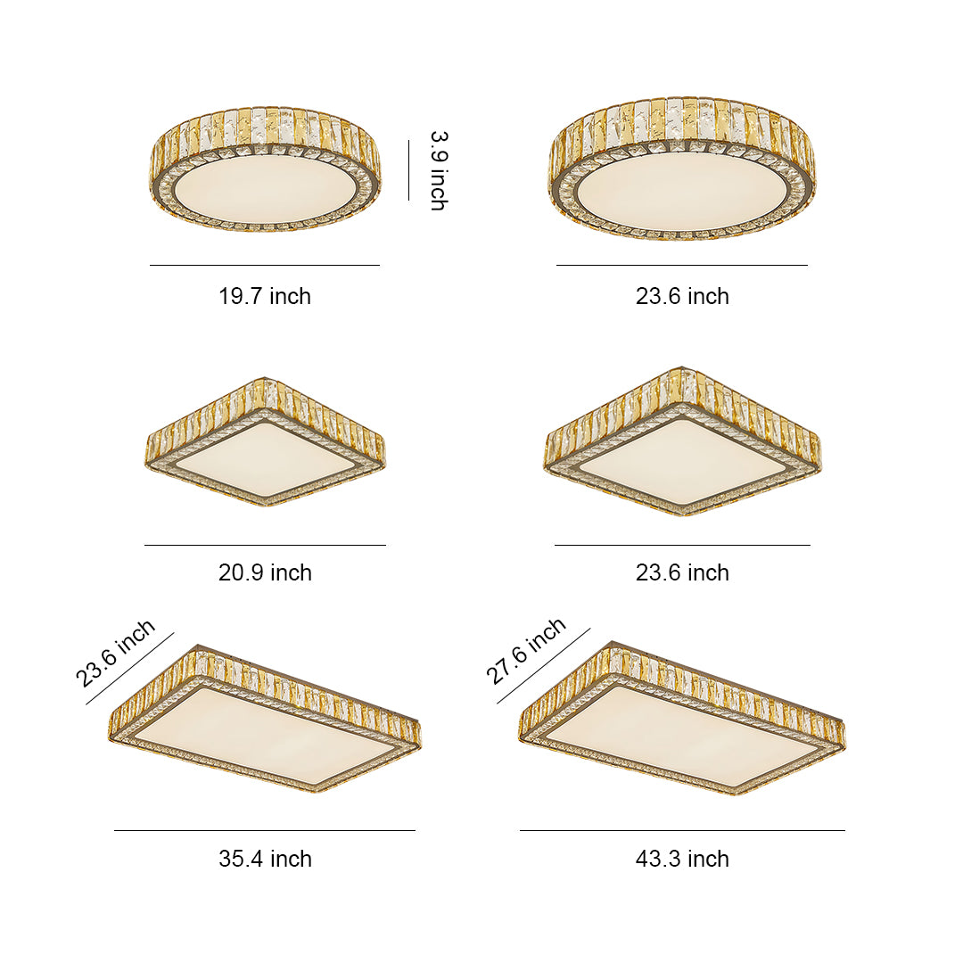 LED flush mounted ceiling lights collection with glass shade chandelier inspired design in round, square, and rectangular shapes.