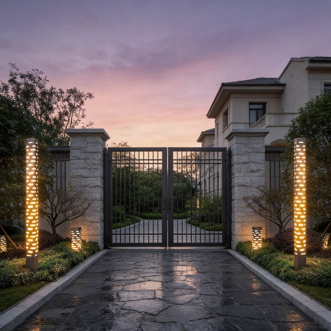 LED garden bollard lights enhancing a contemporary gate entrance with elegant ambient light.