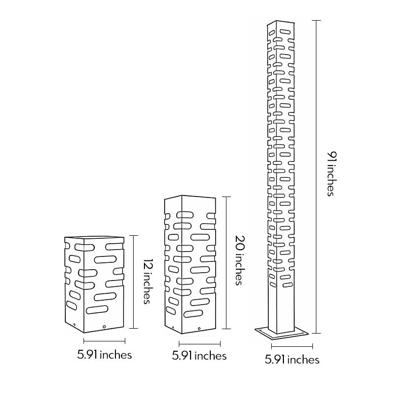 Technical diagram showing dimensions and structure of LED garden bollard lights models.