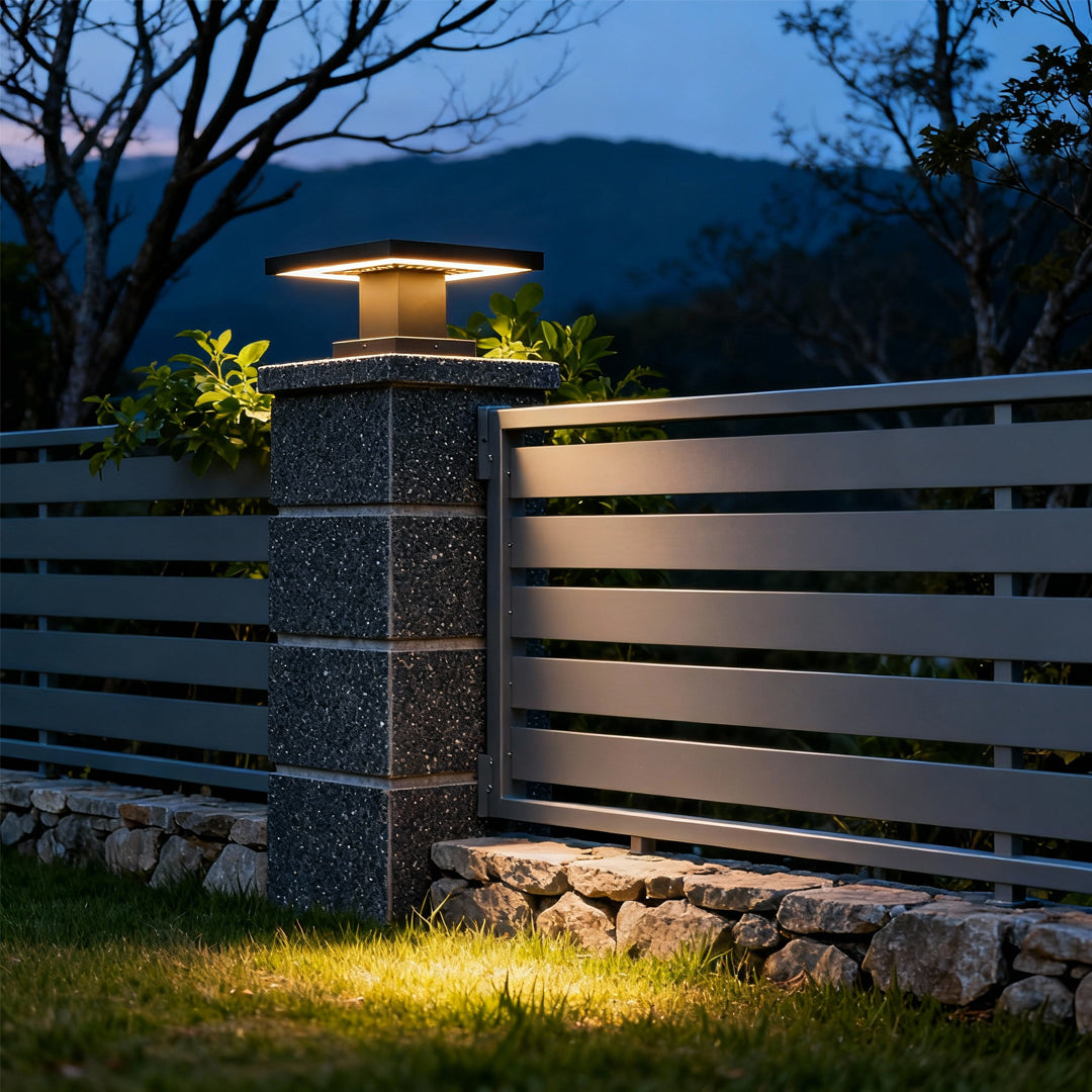 Warm-lit led gate pillar light mounted on a wooden fence pillar, enhancing modern outdoor décor.