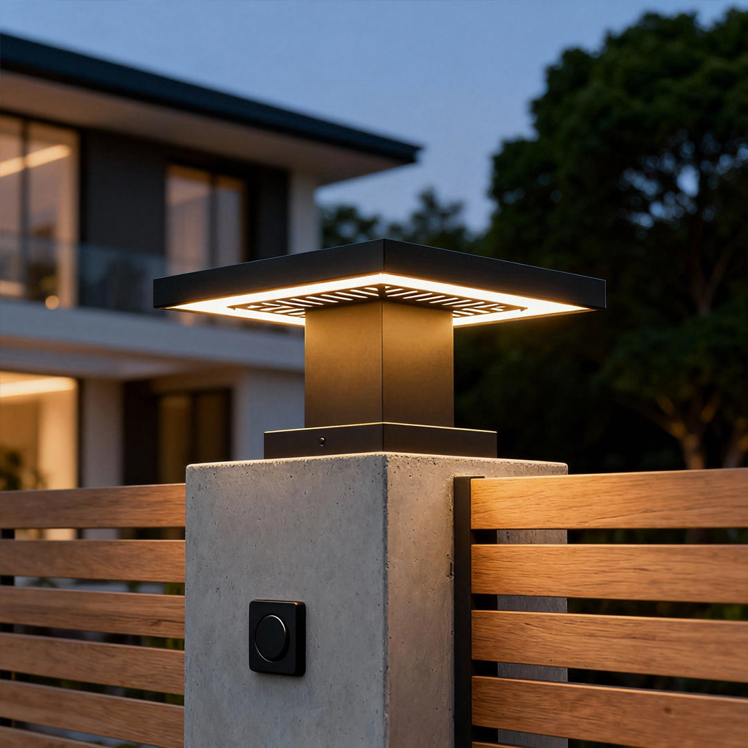 Contemporary house entrance featuring a led gate pillar light on a concrete column creating soft pathway lighting.