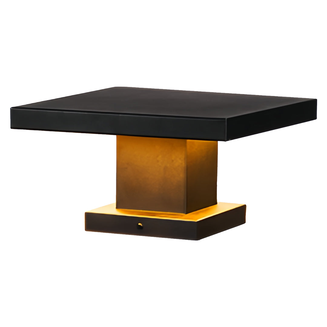 Clean isolated product shot of a square led gate pillar light with a modern black top and gold pillar.