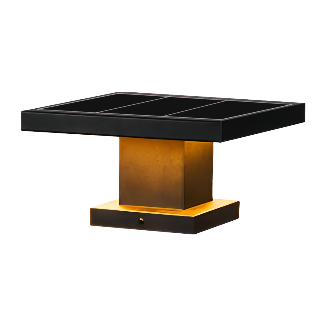 Modern led gate pillar light with extended square black top and sturdy gold base shown in product render.