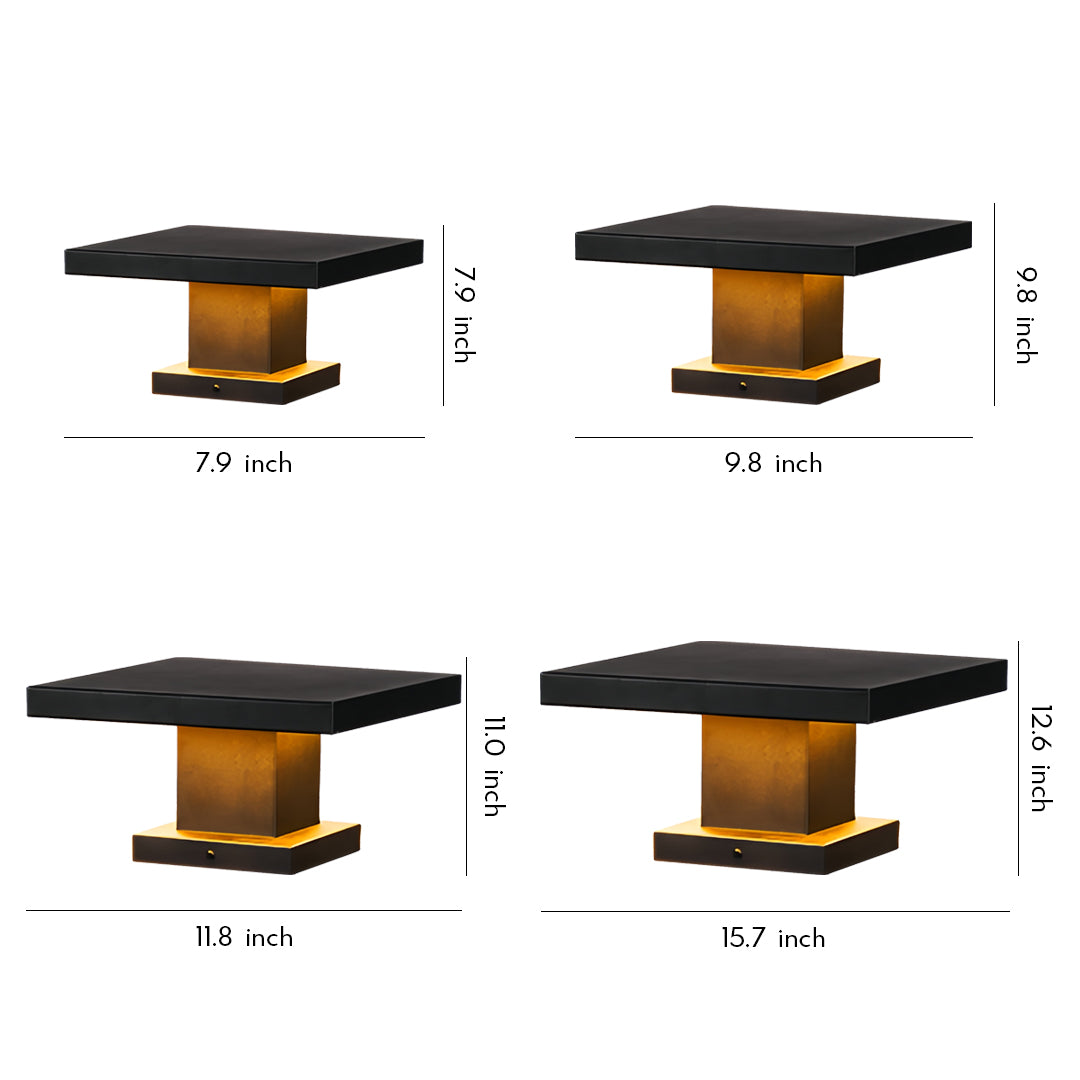 Multiple-angle product renders of a modern square led gate pillar light with black top and gold base. a modern square led gate pillar light with black top and gold base.