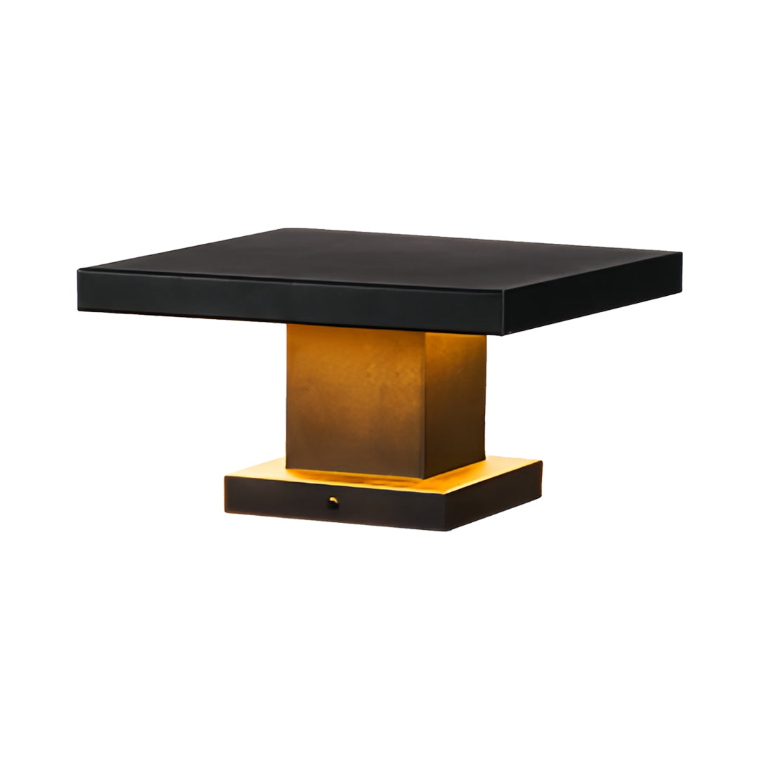 Side-angle render of a modern led gate pillar light with a sleek black top and warm gold support column.