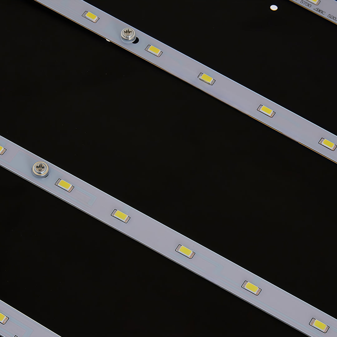 Close-up shot of a geometric modern chandelier with LED light panels, perfect for modern spaces.