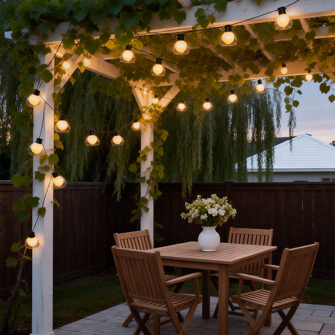 LED globe string lights over a pergola backyard dining area