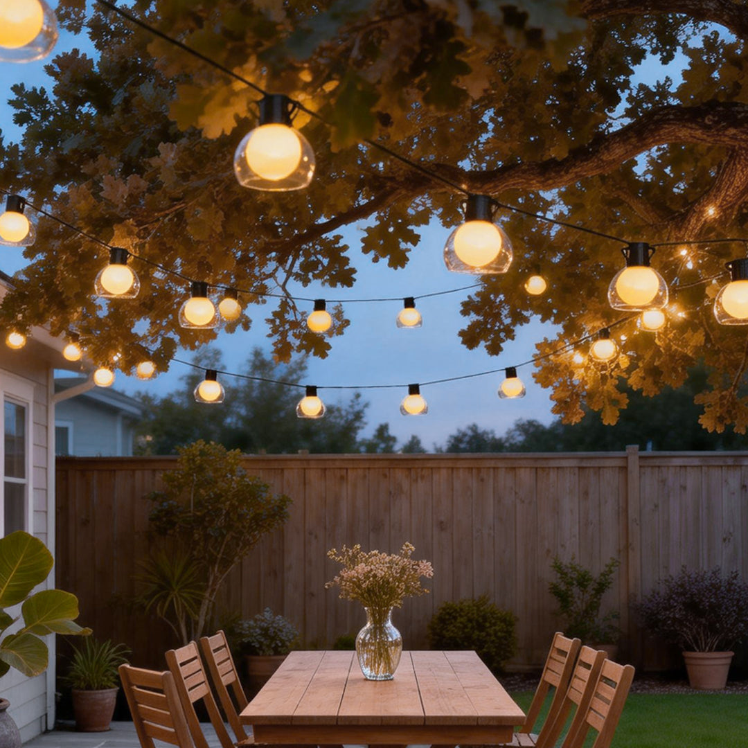 LED globe string lights suspended from a large tree above an outdoor table, adding soft ambient lighting to the garden.