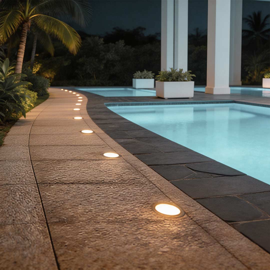 LED ground lights outdoor illuminating a modern poolside pathway with warm ambient glow.