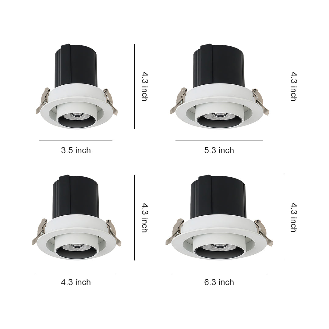 LED indoor spotlights with white trim ring and black heat sink, glass shade chandelier style recessed fixture for energy-efficient lighting.