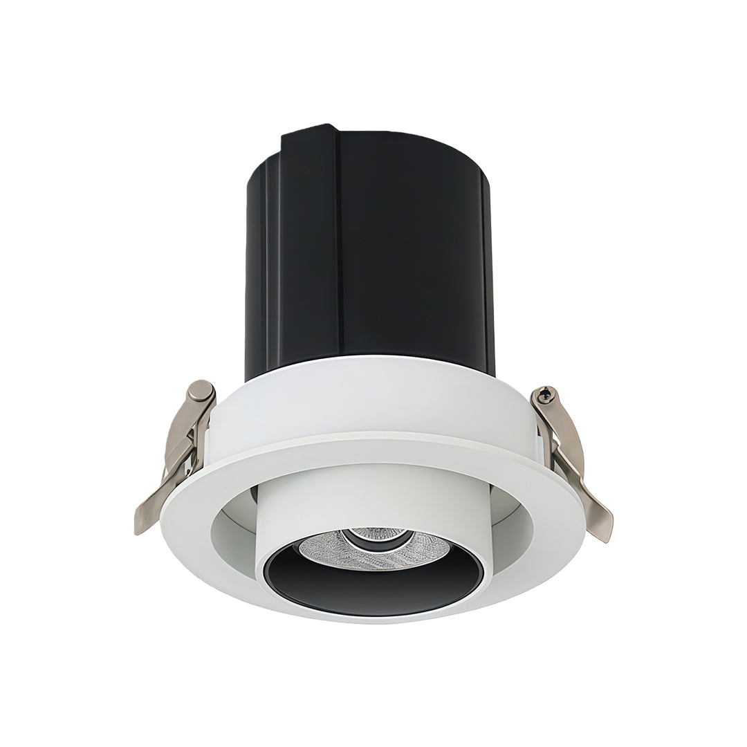 LED indoor spotlights with white trim ring and black heat sink, glass shade chandelier style recessed fixture for energy-efficient lighting.