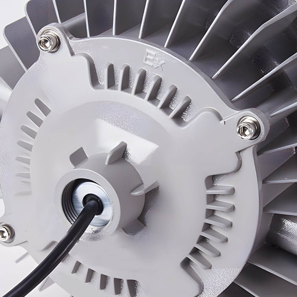 LED lamp for warehouse, close-up view of its heat dissipation design.