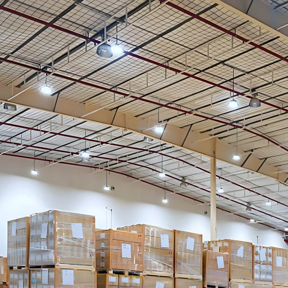 LED lamp for warehouse providing efficient lighting in a warehouse with white walls.