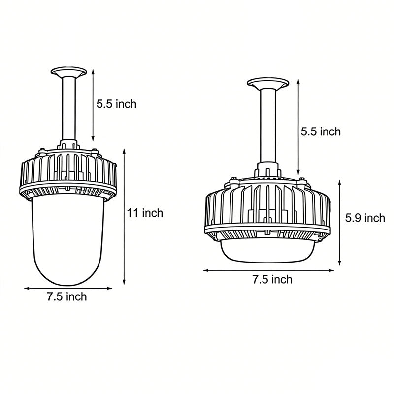Line drawing of LED lamp for warehouse dimensions, providing installation specifications.
