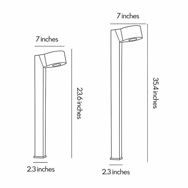 LED landscape path lighting dimension diagram showing 23.6-inch and 35.4-inch height options with a 7-inch light head.