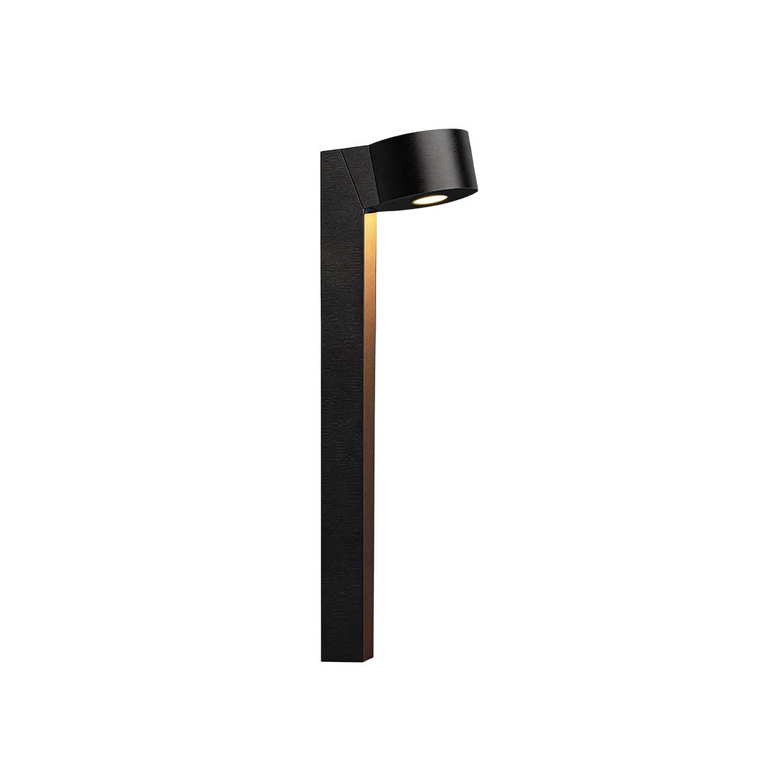 LED landscape path lighting in a white background product view with a black post and warm illuminated inner panel.