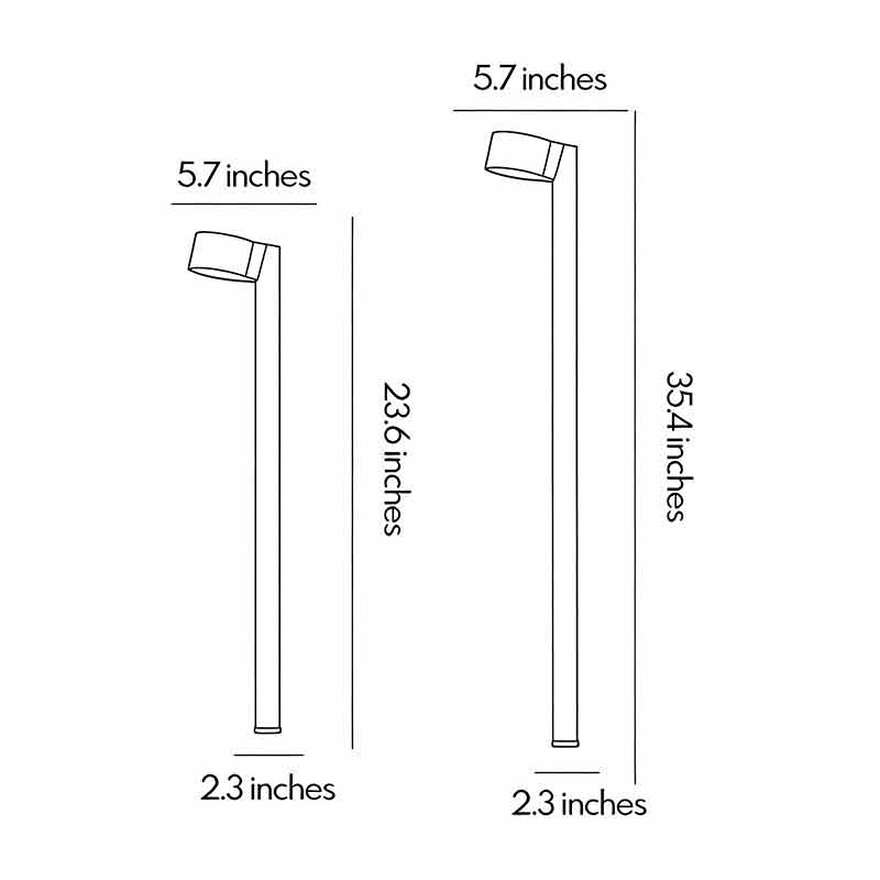 LED landscape path lighting dimension diagram showing two height options and overall fixture measurements.
