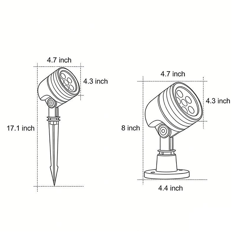 Technical line drawing of LED landscape spot lights with dimensions, useful for planning outdoor lighting installations.
