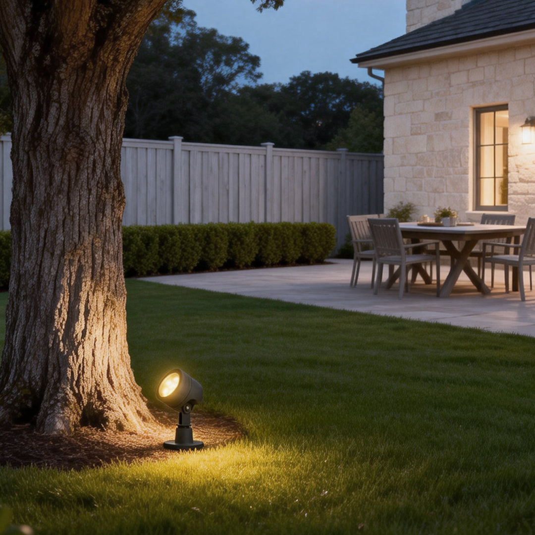 LED landscape spot lights installed at the base of a large tree, creating warm accent lighting across a lawn and outdoor seating area.