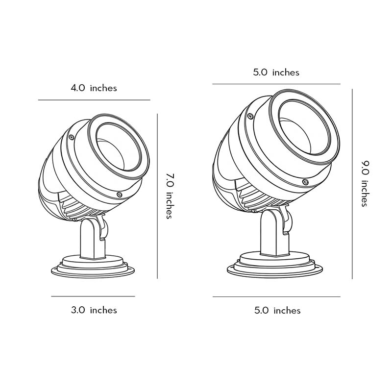 LED landscape spotlight dimension drawing with measurements for height and width.