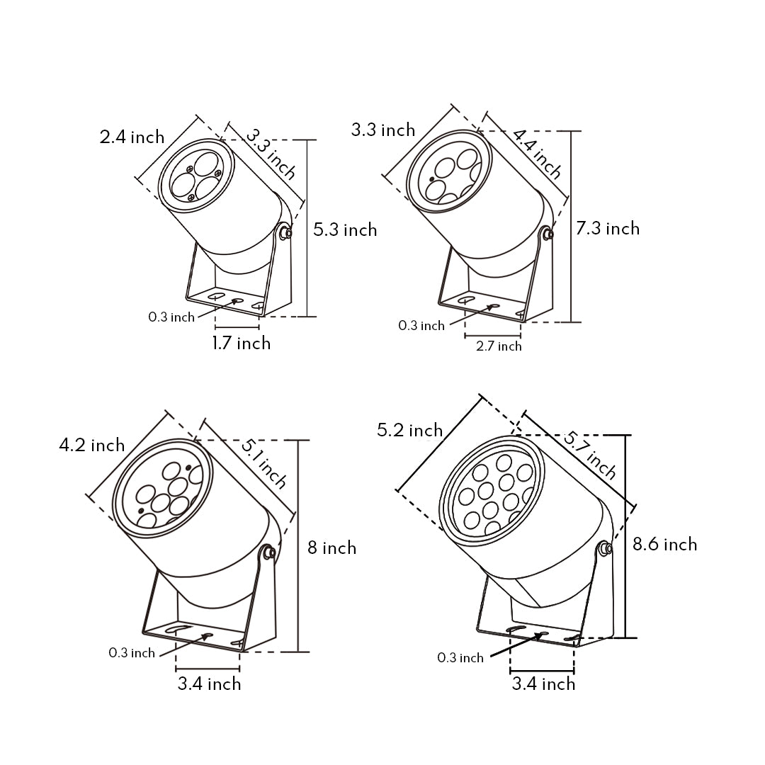 Technical diagram of LED landscape spotlight showing beam patterns and mounting specifications