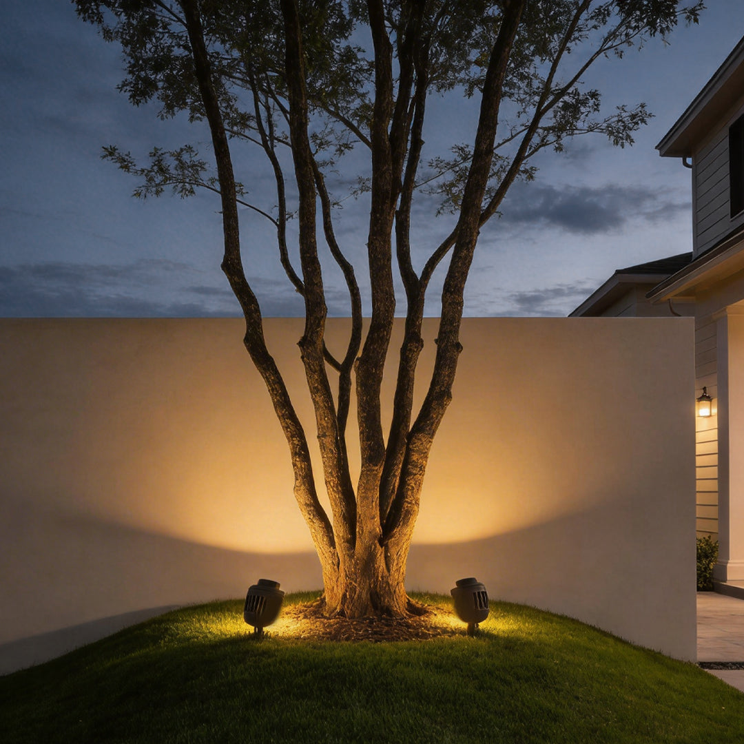 LED landscape spotlight highlighting multiple tree trunks against a modern outdoor wall.