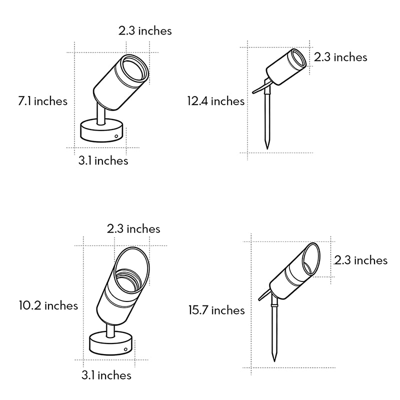 Dimension diagram of LED landscape spotlights showing spike and base-mounted size options.