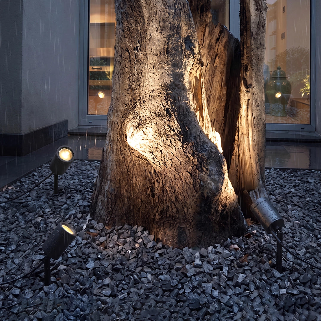 LED landscape spotlights casting warm light on a large tree trunk beside a home.
