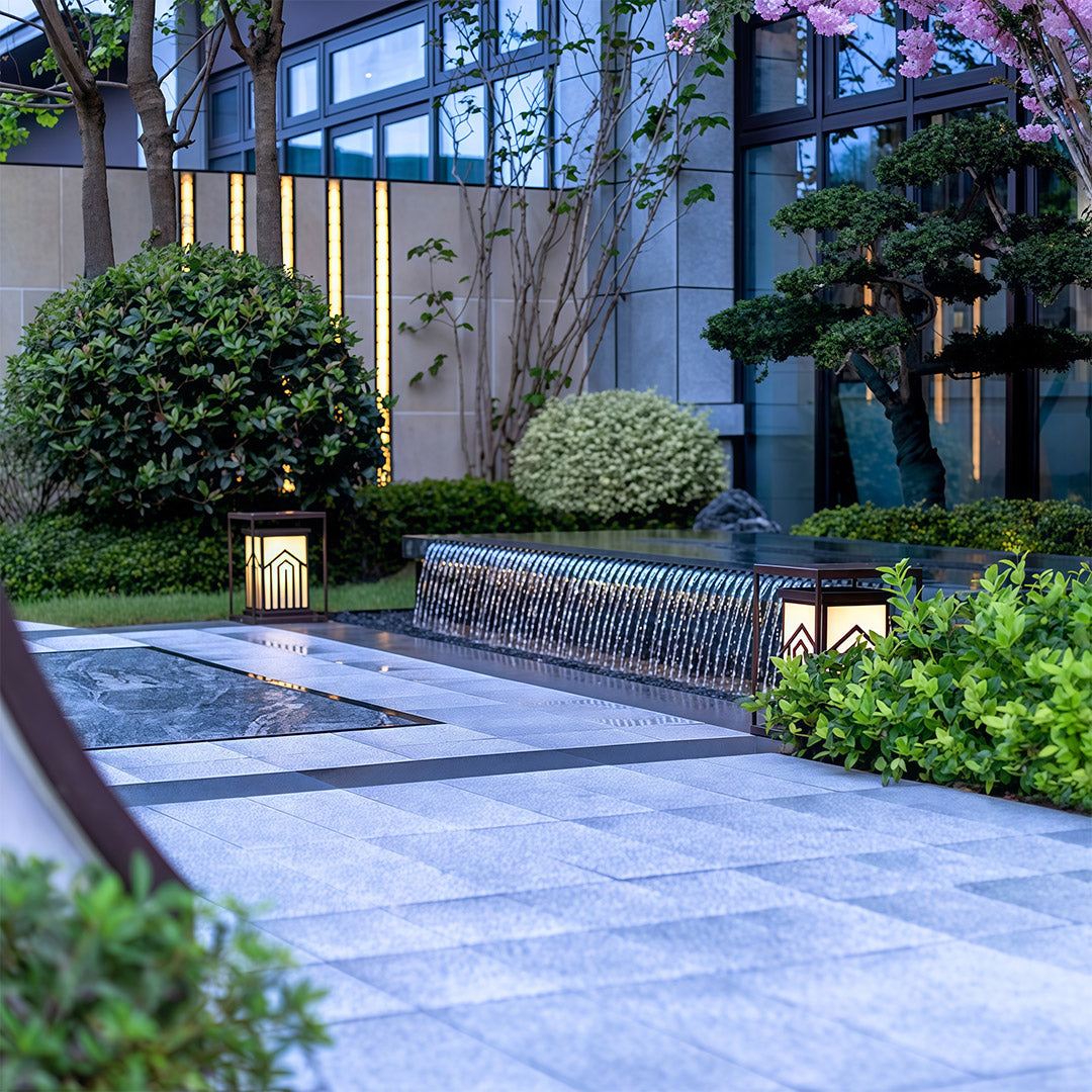 LED lantern light in an outdoor space, casting a soft and elegant glow across garden landscapes.