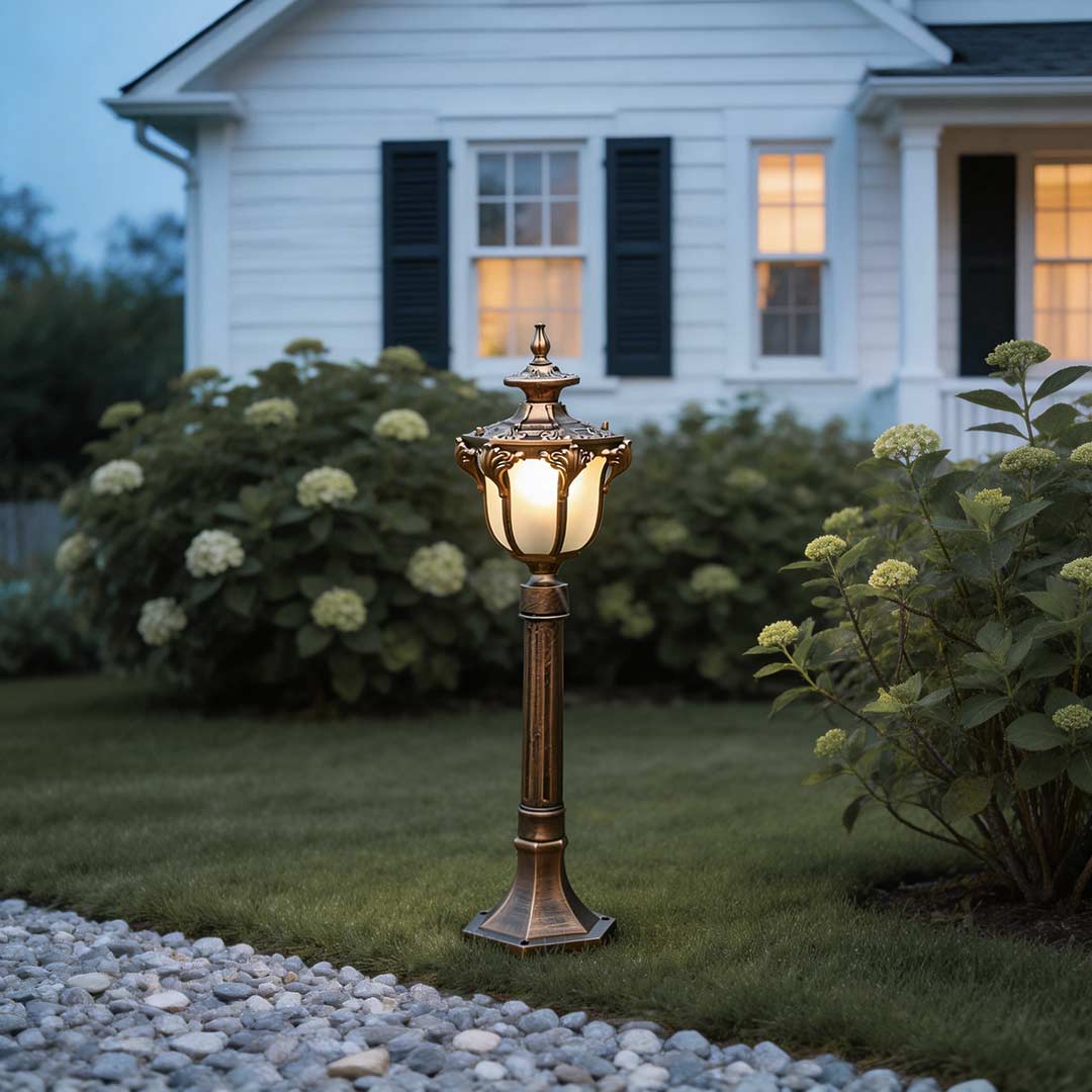 LED lawn lights providing soft illumination along a stylish outdoor walkway.