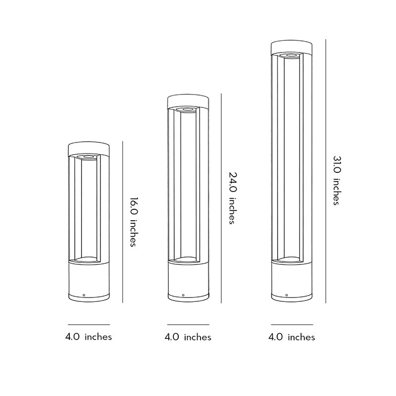 Technical diagram showing dimensions and structure of LED light bollard models.