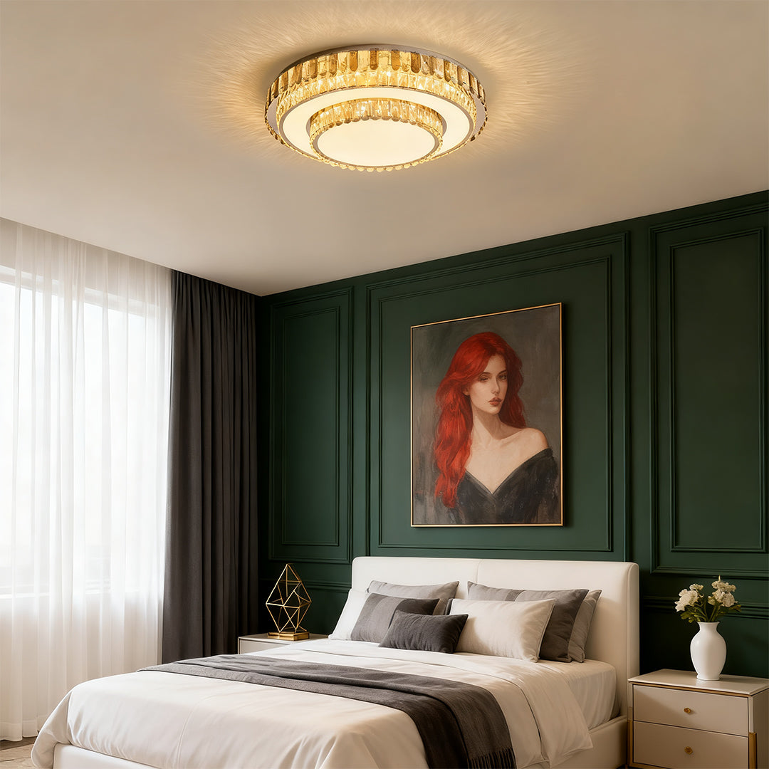 LED light fixtures flush mount installed in a bright modern bedroom.