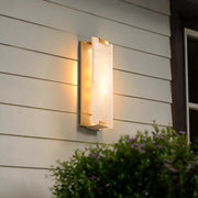 LED light wall lamp casting warm accent lighting across exterior siding and landscaping.