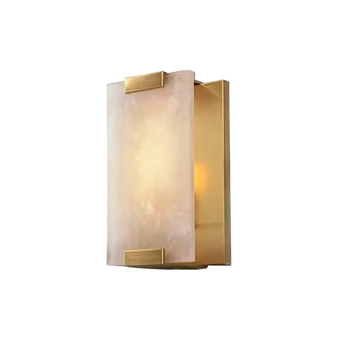 LED light wall lamp with a warm textured shade, gold accents, and slim rectangular design.