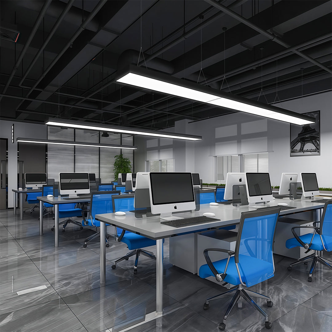 Close-up of LED lighting elements inside a long rectangular chandelier, providing bright and efficient light.