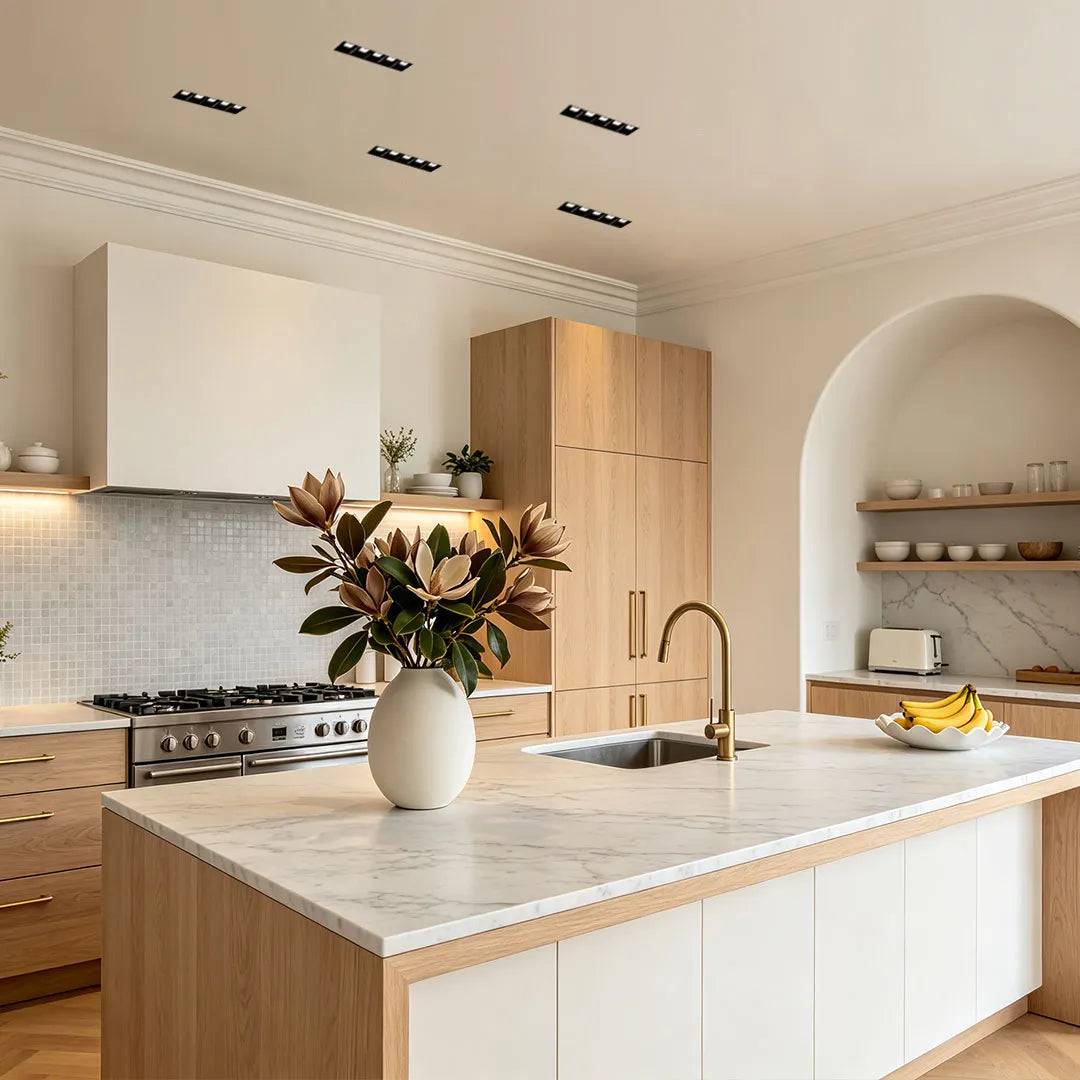 linear trimless recessed downlight above a modern kitchen island