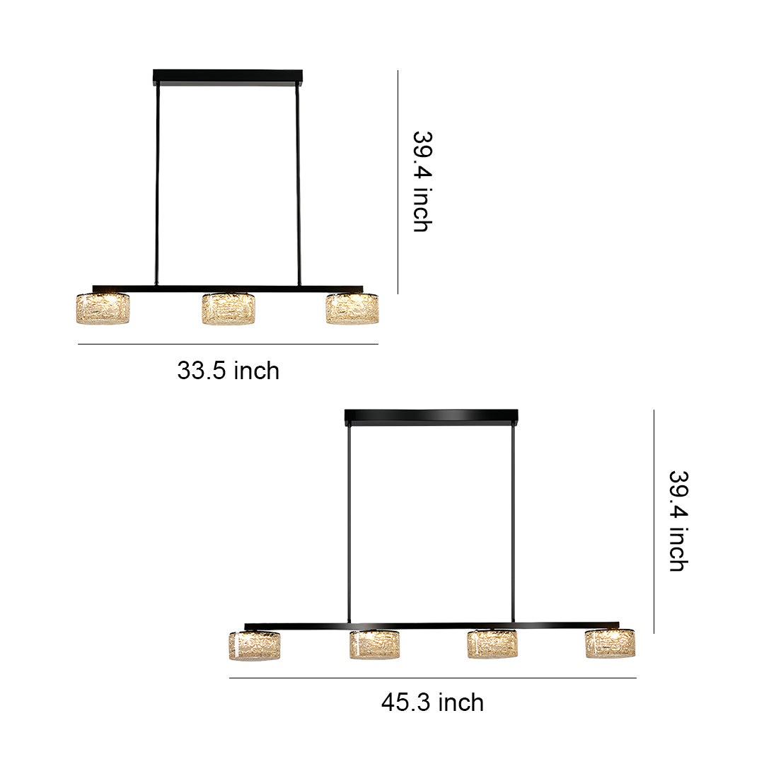 LED linear pendant light dimensions showing sleek horizontal design with multiple light sources and black frame
