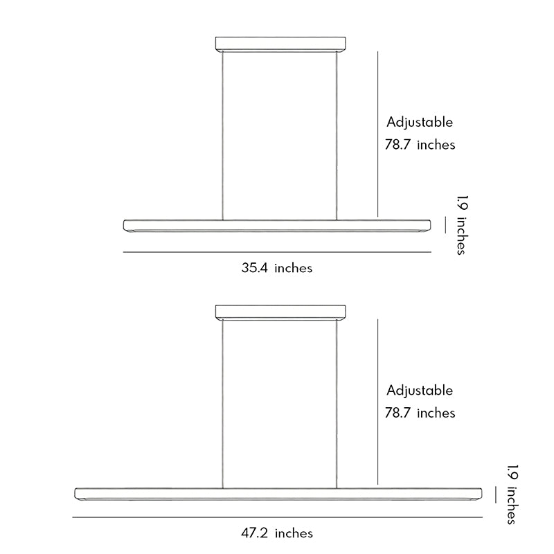 Dimension drawing of LED linear suspension light showing adjustable hanging height and size options.